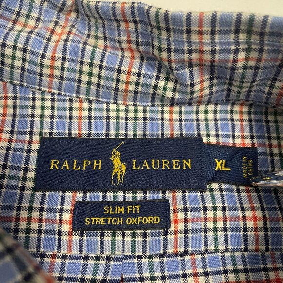 Ralph Lauren Shirt Men's XL Slim Fit Stretch Oxford Blue Red Plaid Flesh Pony - Picture 2 of 11